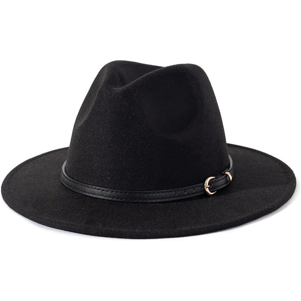 🔥 Lisianthus Classic Felt Fedora Women Black Wide Brim Fashion Belt Buckle Hats